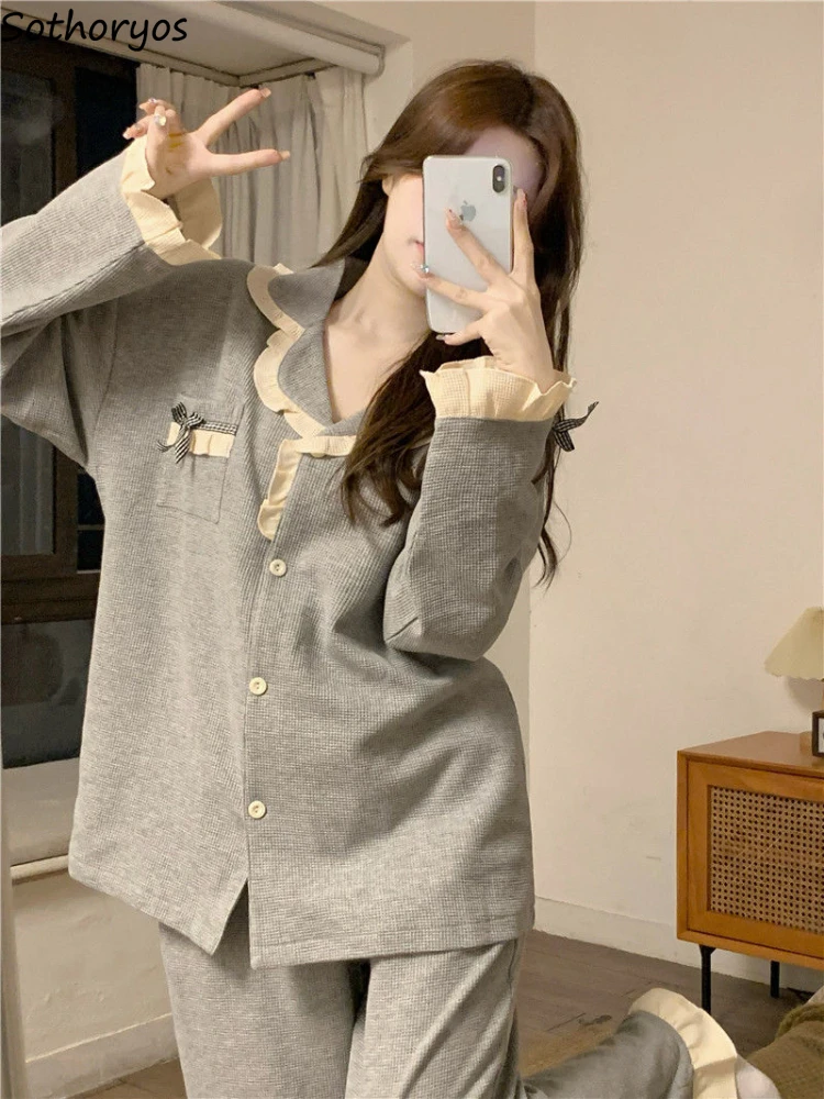 Pajama Sets Women Ruffles Basics Simple Japanese Style All-match Creativity Special Home Casual Vintage Seductive Comfortable