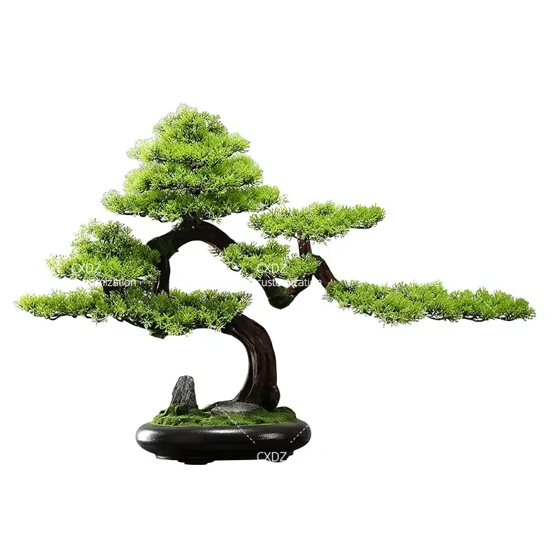 New Chinese Style Simulated Welcome Pine Solid Wood Green Plant Bonsai Living Room Entrance Office Desktop Home Decoration