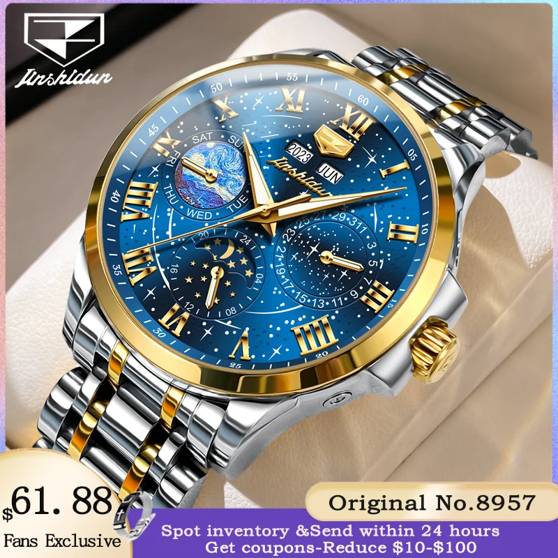 JSDUN 8957 Multi functional Men's Automatic Mechanical Watch Luxury Starry Sky Waterproof Night Light Calendar Watch Men's Watch