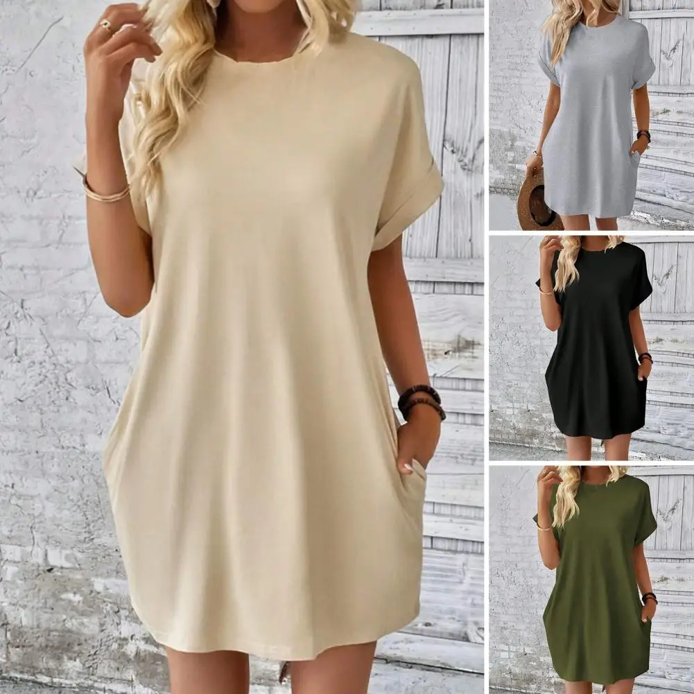 Fashion Boho Resort Style Beach Dresses For Women 2024 New Summer Solid Color O Neck Loose Short Sleeve Pocket Mini Dress Femme