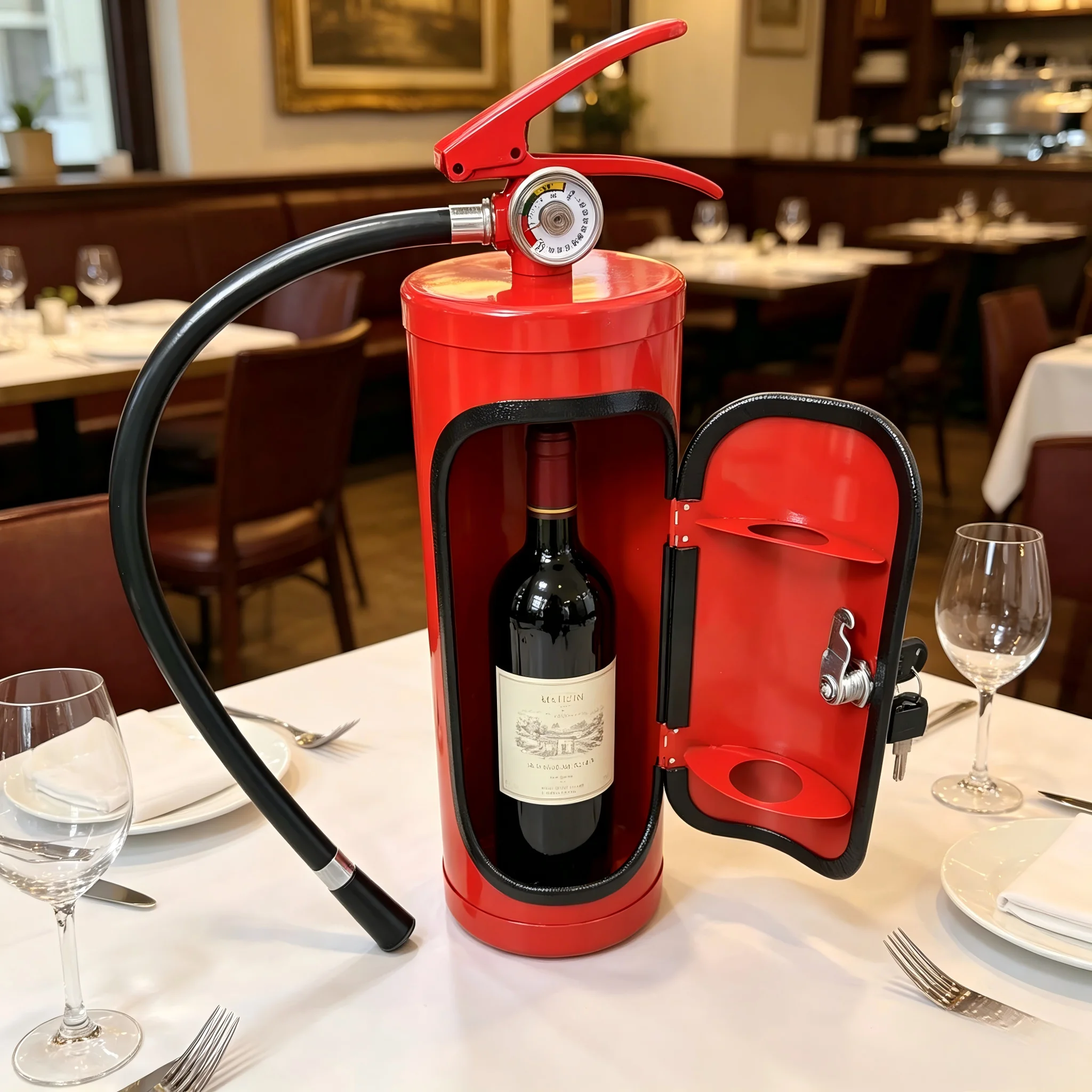 Decorative Fire Extinguisher Wine Bottle Holder, Metal Wine Box with Key Lock, Fun Bar Accessory for Countertop Home Decor