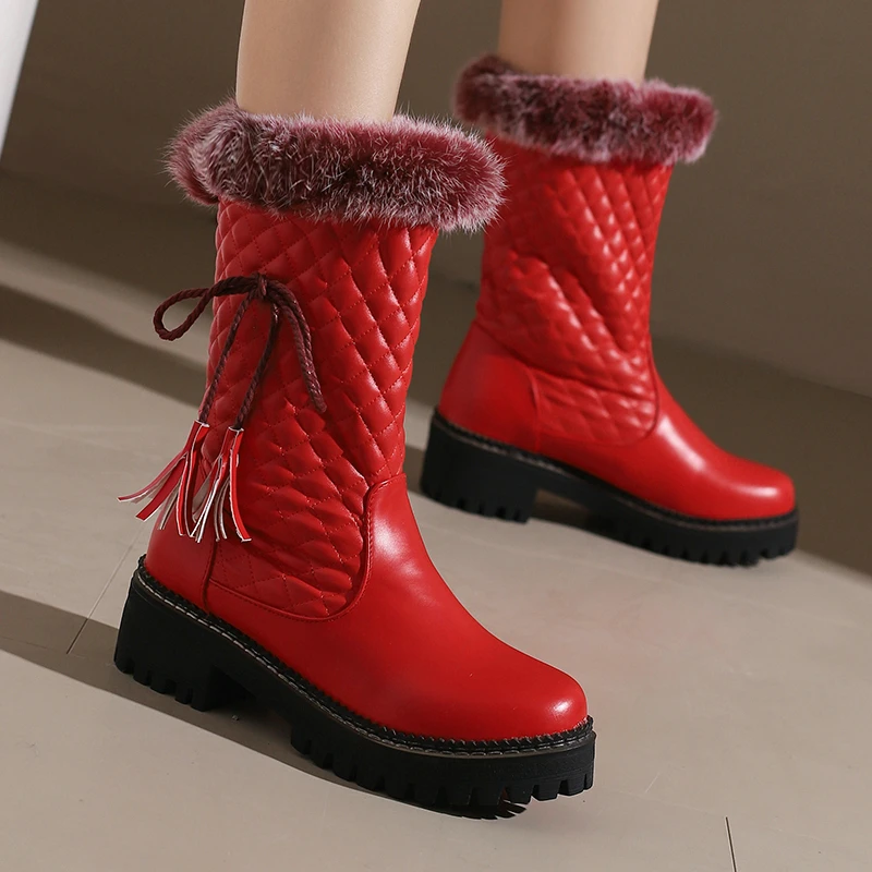 Quilted Pattern Faux Fur Plush Lined Warm Snow Boots Red White Platform Square Med Heels Flats Women's Shoes for Cold Weather