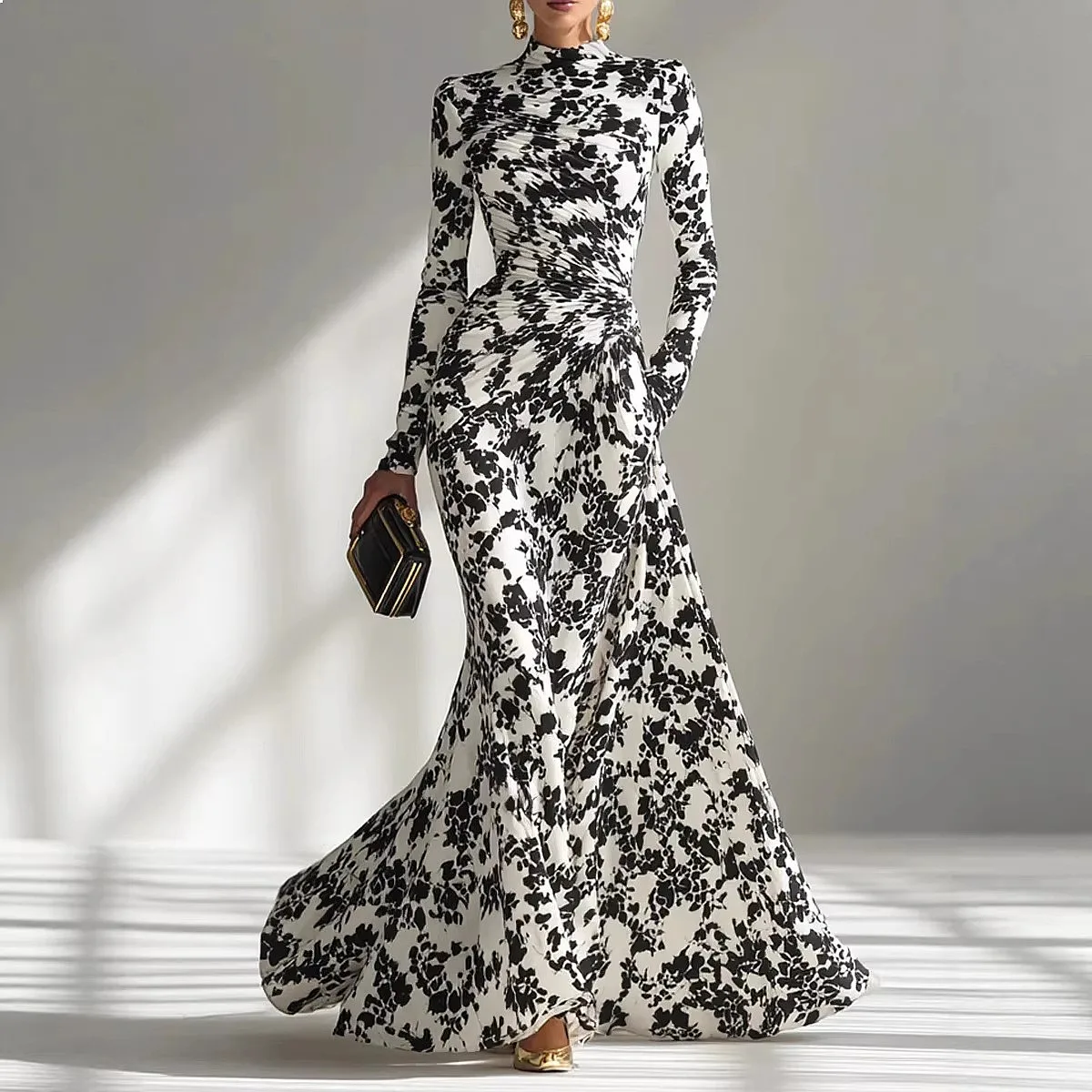 High Waist Flowy Maxi Dress, Women's Long Sleeve Dresses with Ruffle Waist, Spring Summer Pleated Bodycon Dresses