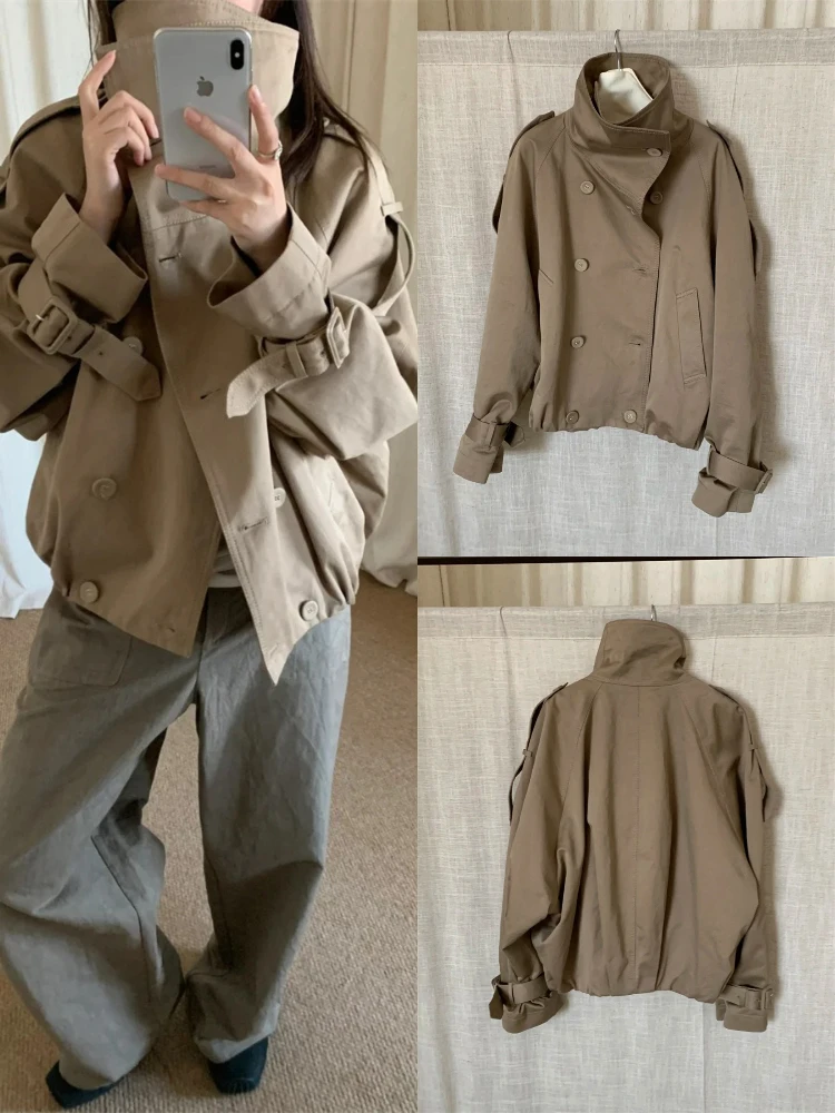 

East Gate ort Свободная женская ветровка с двухрядной пуговицей в стиле ретро, мотоциклетная куртка с воротником-стойкой, длинная свековая утягивающая одежда