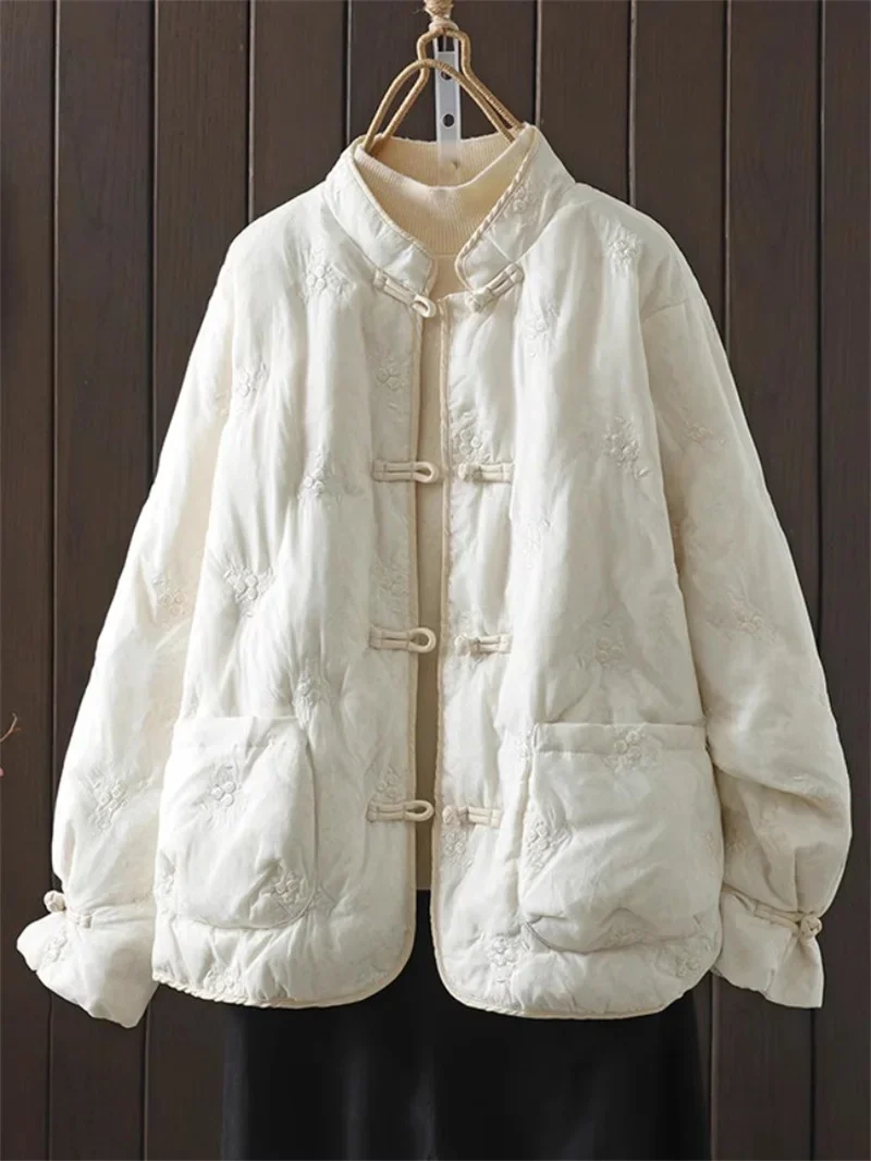 

Новинка 2025 года, стеганая куртка с вышивкой в китайском стиле, женская легкая теплая стеганая куртка в стиле ретро с воротником-стойкой