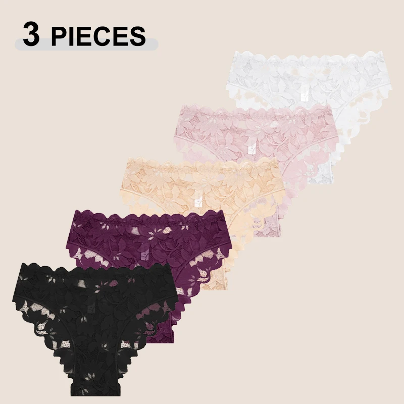 3 Teile/satz Sexy Spitze Floral Briefs Für Frauen Einfarbig Aushöhlen Perspektive Romantische Dessous Unterwäsche Neue Atmungsaktive Höschen