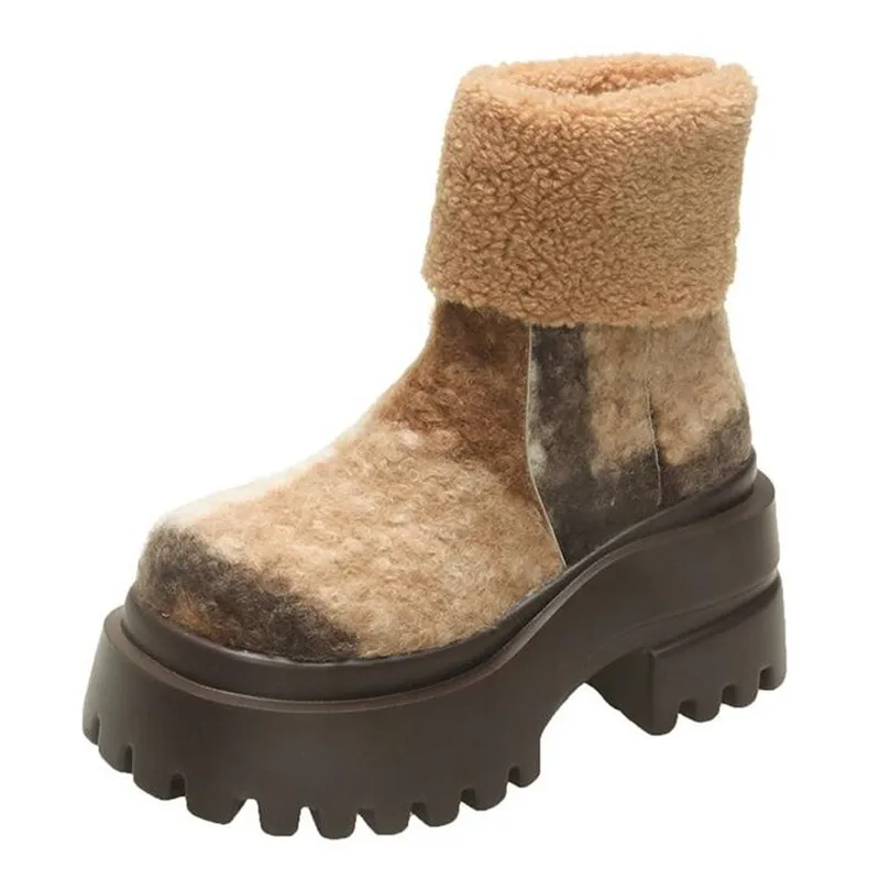 2026 Designer Snow Boots Womens Winter Retro Thick Soled Height Increasing Cotton Boots Fashionable Round Toe Plush Cotton Boots