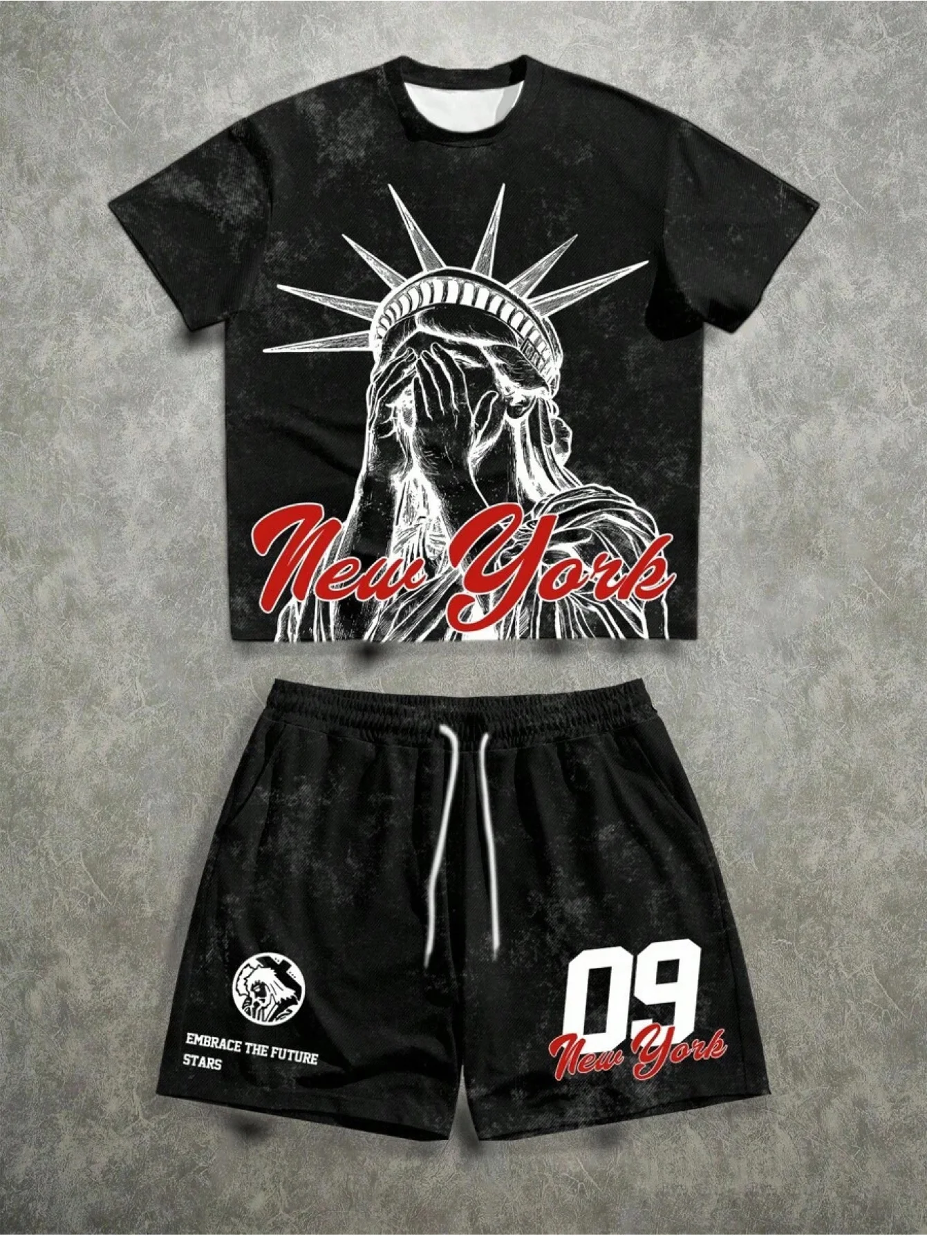 

Мужской комплект в стиле Y2K: футболка оверсайз и шорты с тематикой Нью-Йорка 2026 года, винтажный дизайн, статуя Свободы, для повседневной носки и тренировок