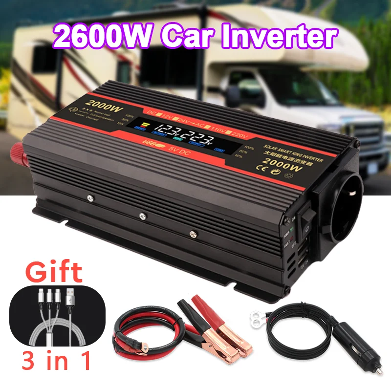 1500W/2000W/2600W Power Inverter Modified Sine Wave LCD Display DC 12V To AC 220V Solar 2 USB Car Transformer Convert EU Socket