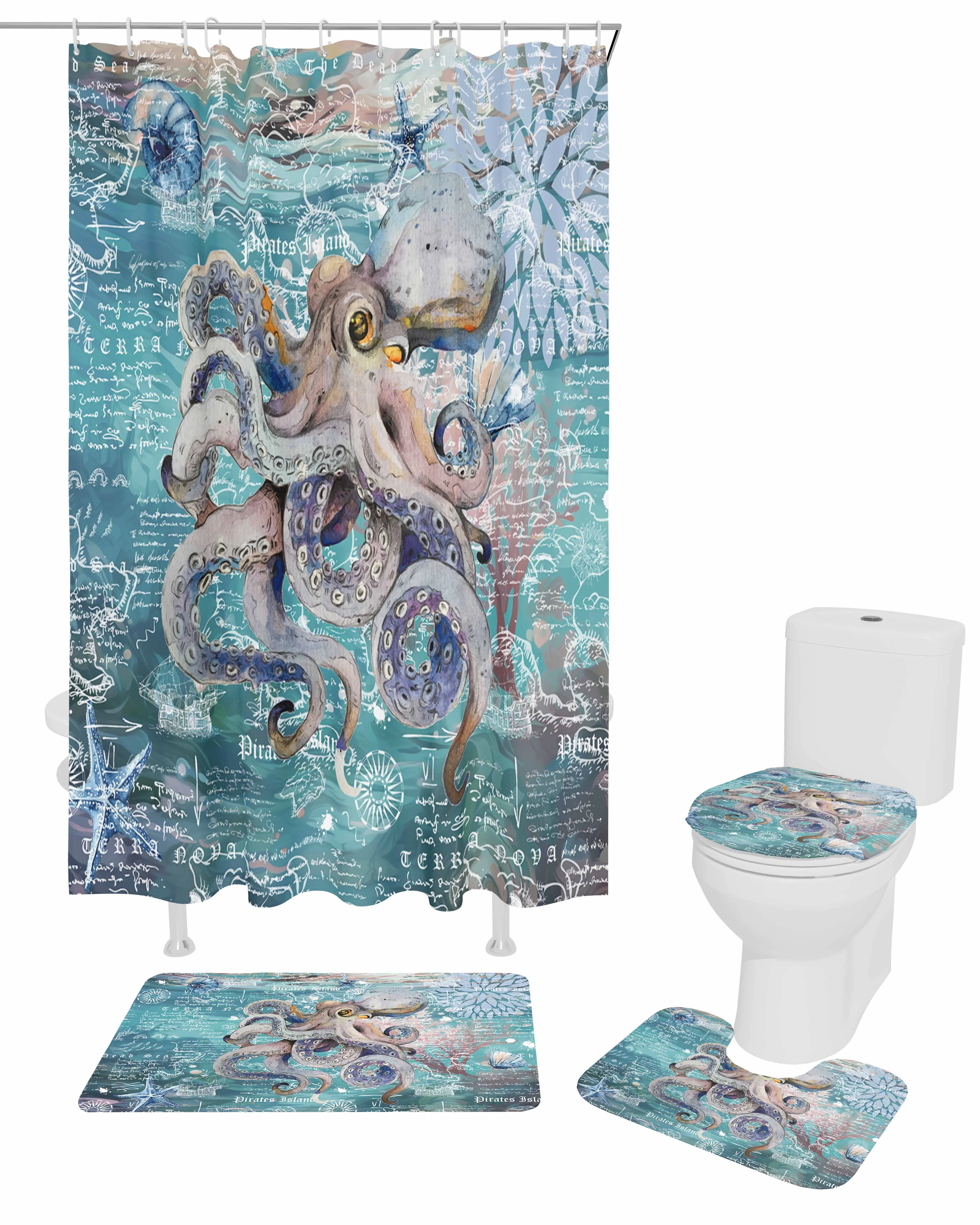 Ocean Octopus Starfish Shower Curtain Non-Slip Rugs Toilet Lid Cover and Bath Mat Bathroom Curtains with Hooks