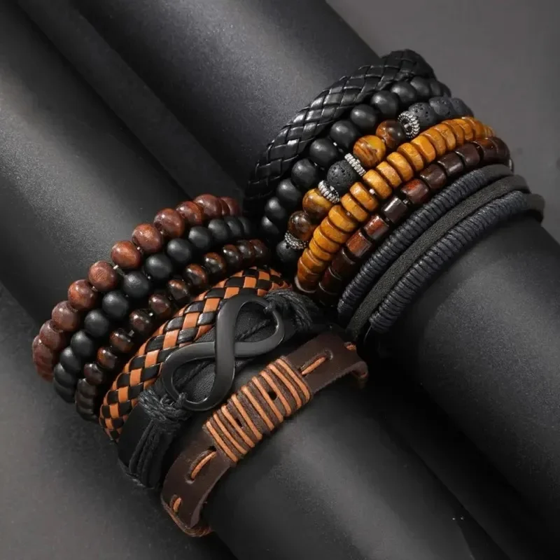 12Pcs Vintage Woven Faux Leather Bracelet Set, Tiger's Eye & Moonstone Beaded Bracelets, Fashion Accessories for Casual Party (B