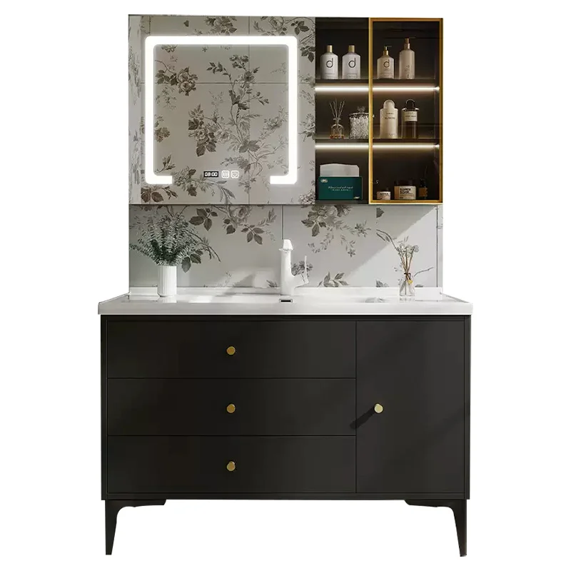 

Modern European Classic Black Matte Bathroom Vanity Includes Makeup Mirror