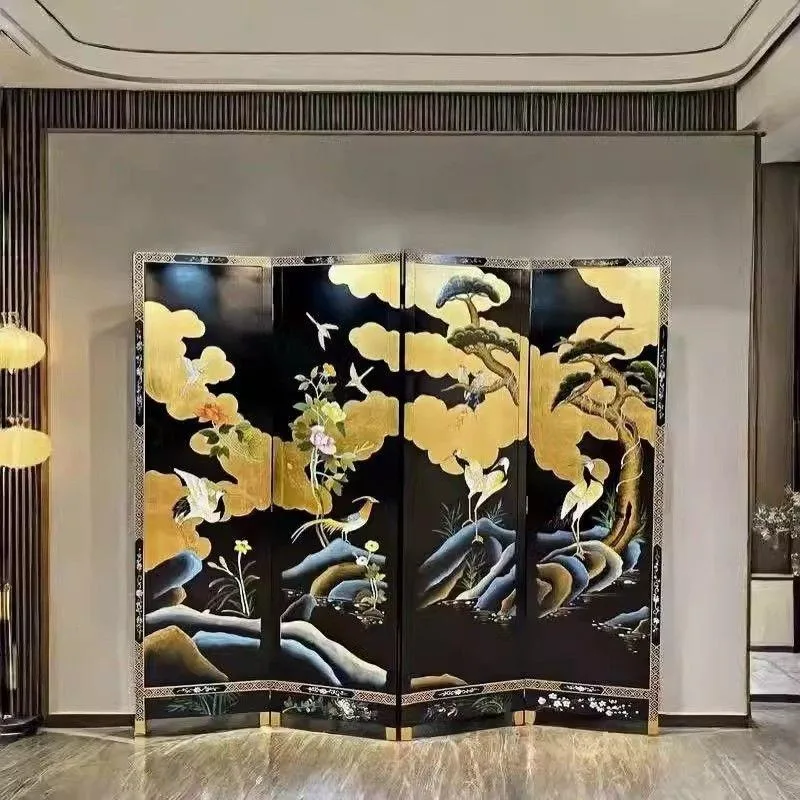 

Китайская ручная роспись ретро лаковая живопись экран черный фон цветок и птица складной экран перегородка для гостиной, экран