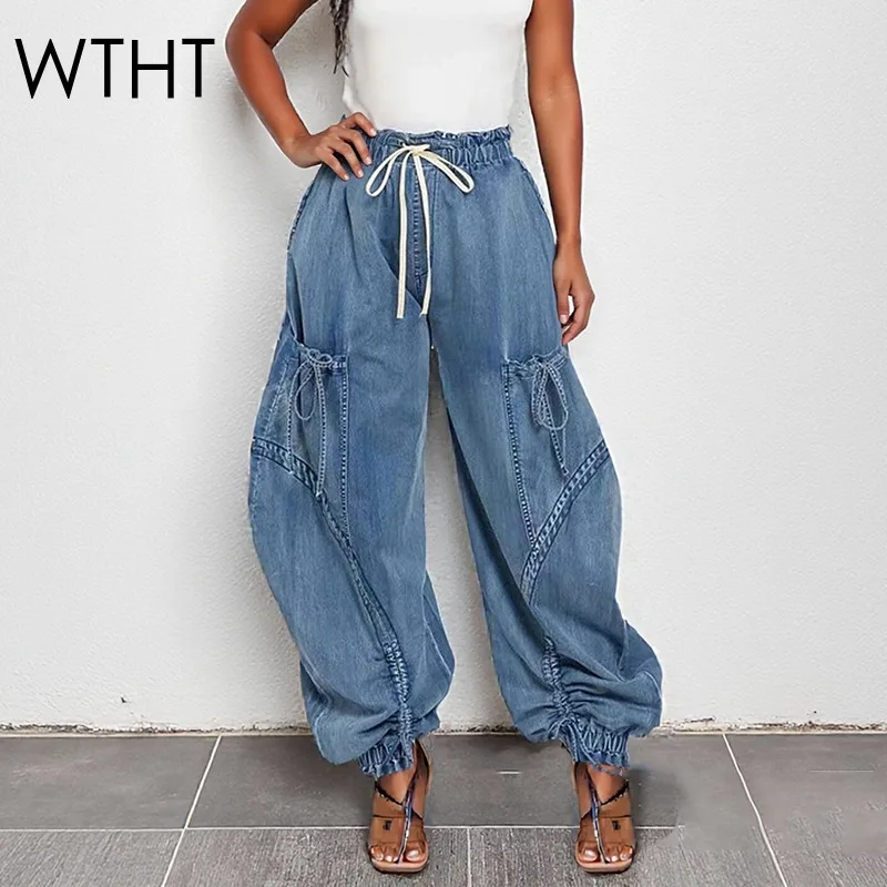 

WTHT New Fashion Women's Shirring Bandage Elastic Waist Loose Harem 2025 Winter Trendy Casual Denim Pants Female 1LS2769