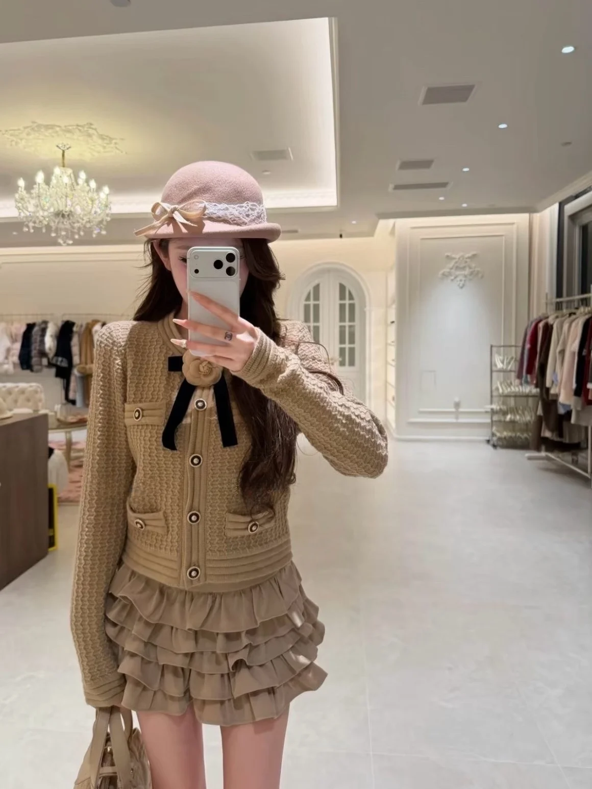 

Ele ort Knitted Open Cardigan Women's Faion Knot Tea Rose Pattern Luxury Feel Top Coat Spring Season