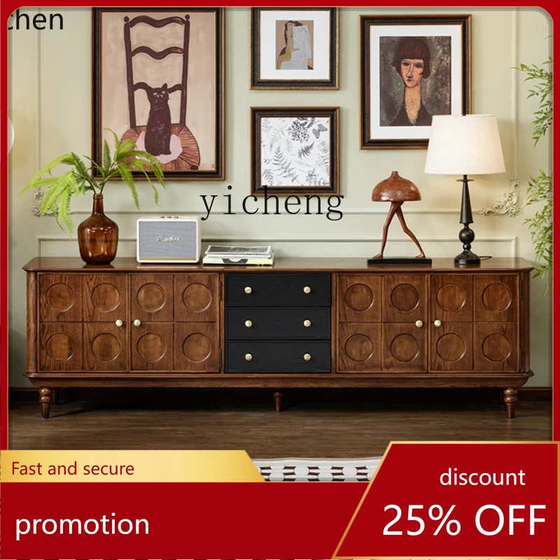 

HXL retro pure solid wood TV cabinet floor-to-ceiling 2.2 meters home TV cabinet new high cabinet