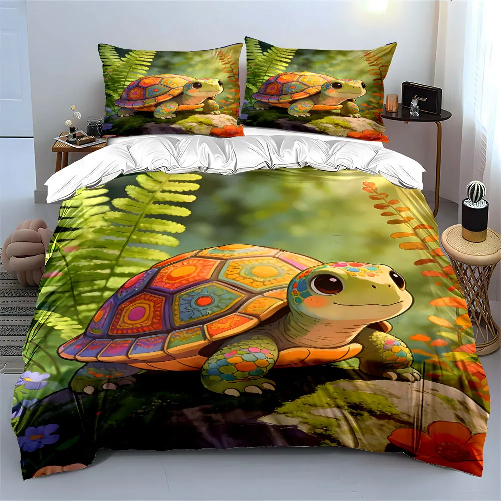 Colorful turtle among forest flowers Printed Duvet Cover Set 1 Duvet Cover+2 Pillowcase Multi Size Bedroom Bedding Decoration