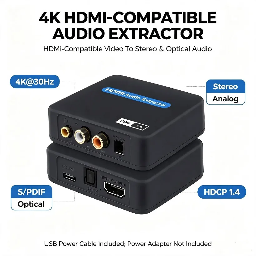 Stereo Audio Extractor HDMI-Compatible 4K 30Hz Optical SPDIF For PS4 DVD TV Box HDCP 1.4 USB Powered Black Metal