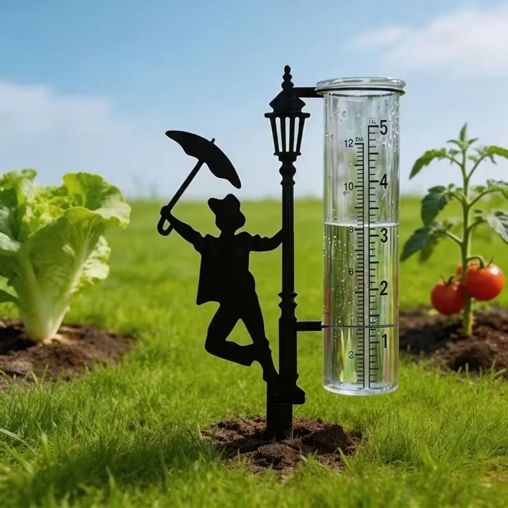 Iron Art Metal Frog Rain Gauge Stake Rustproof Weatherproof Outdoor Glass Tube Rain Gauge Umbrella Frog Shaped with Scale