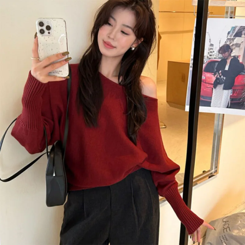 Elegant Off Shoulder Slash Neck Sweater Female Vintage Simple Autumn Short Knit Jumper Fashion Streetwear Loose Knit Sweaters