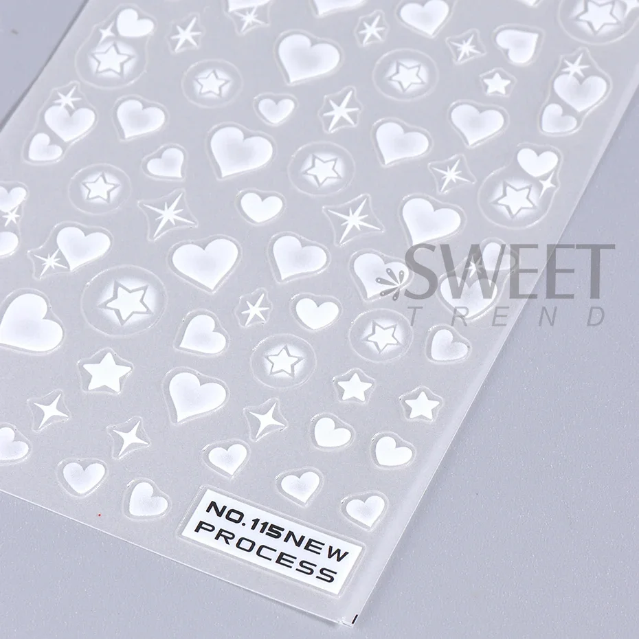 3D Heart Stars Nail Stickers Matte White Airbrush y2k Love Heart Valentines Gradient Bloomming Slider Gel Polish Nail Decoration