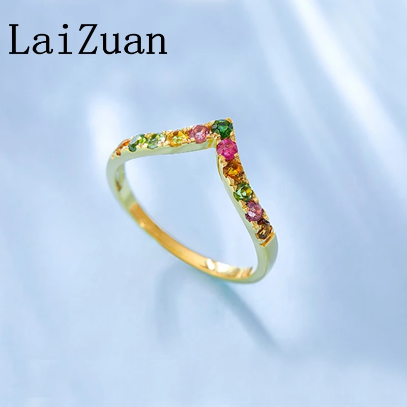 LaiZuan 0.4ct Tourmaline Ring Solid 18k Yellow Gold Round Natural Colored tourmaline Engagement Ring Matching Band Women Gifts