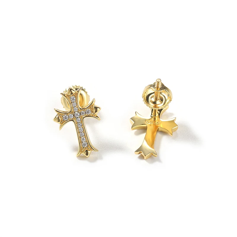 1 Pair Moissanite S925 Sterling Silver Solid Retro Cross Stud Earring for Men Hip Hop Earrings Bling Ice Out Rapper Jewelry