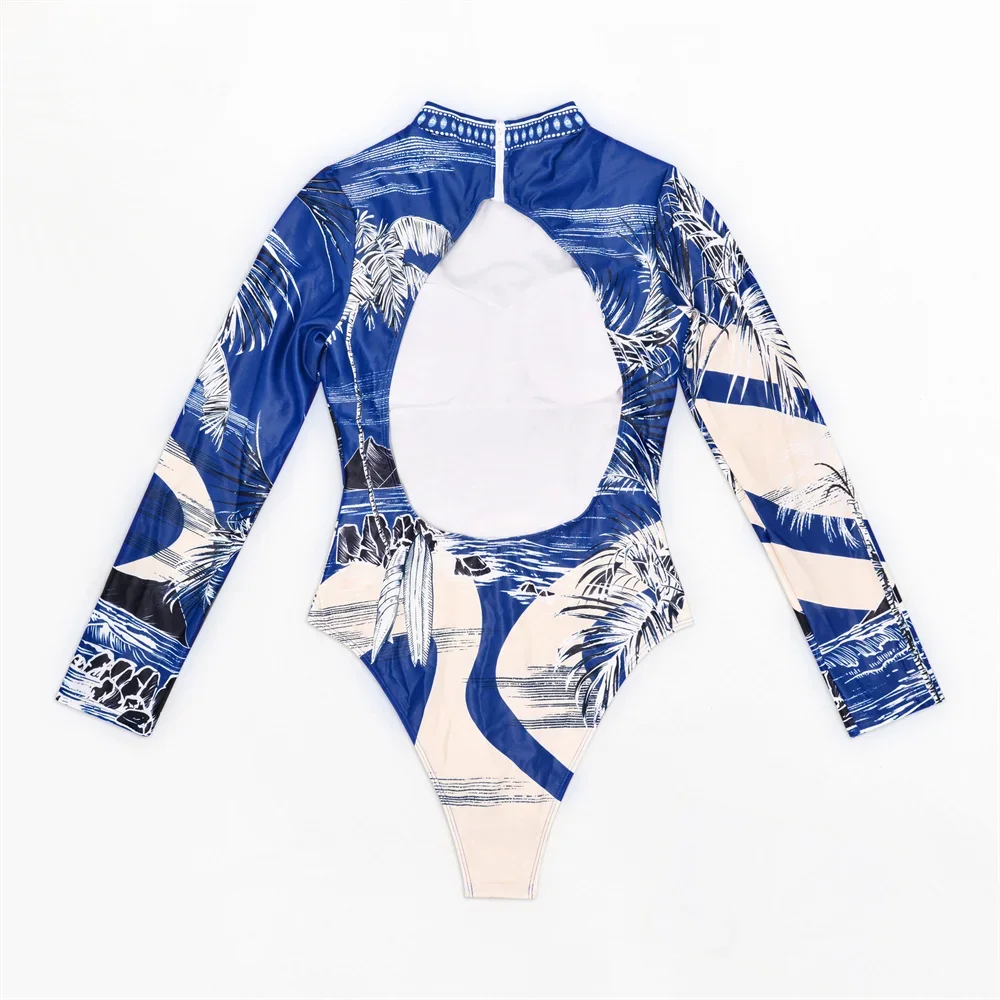 Zipper Up Backless Print Bikini Long Sleeve Swimsuit One-piece Vacation Swimwear Women Brazilian Beach Wear Surfing Bathing Suit