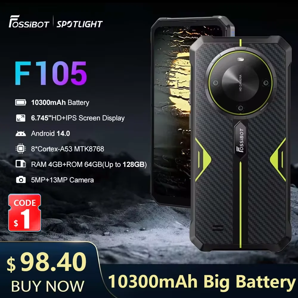 

FOSSiBOT F105 Rugged Smartphone 10300mAh Battery 20MP+8MP Camera Cell Phone 12GB RAM+ 64GB ROM IP68/IP69K &MIL-STD-810H Phone