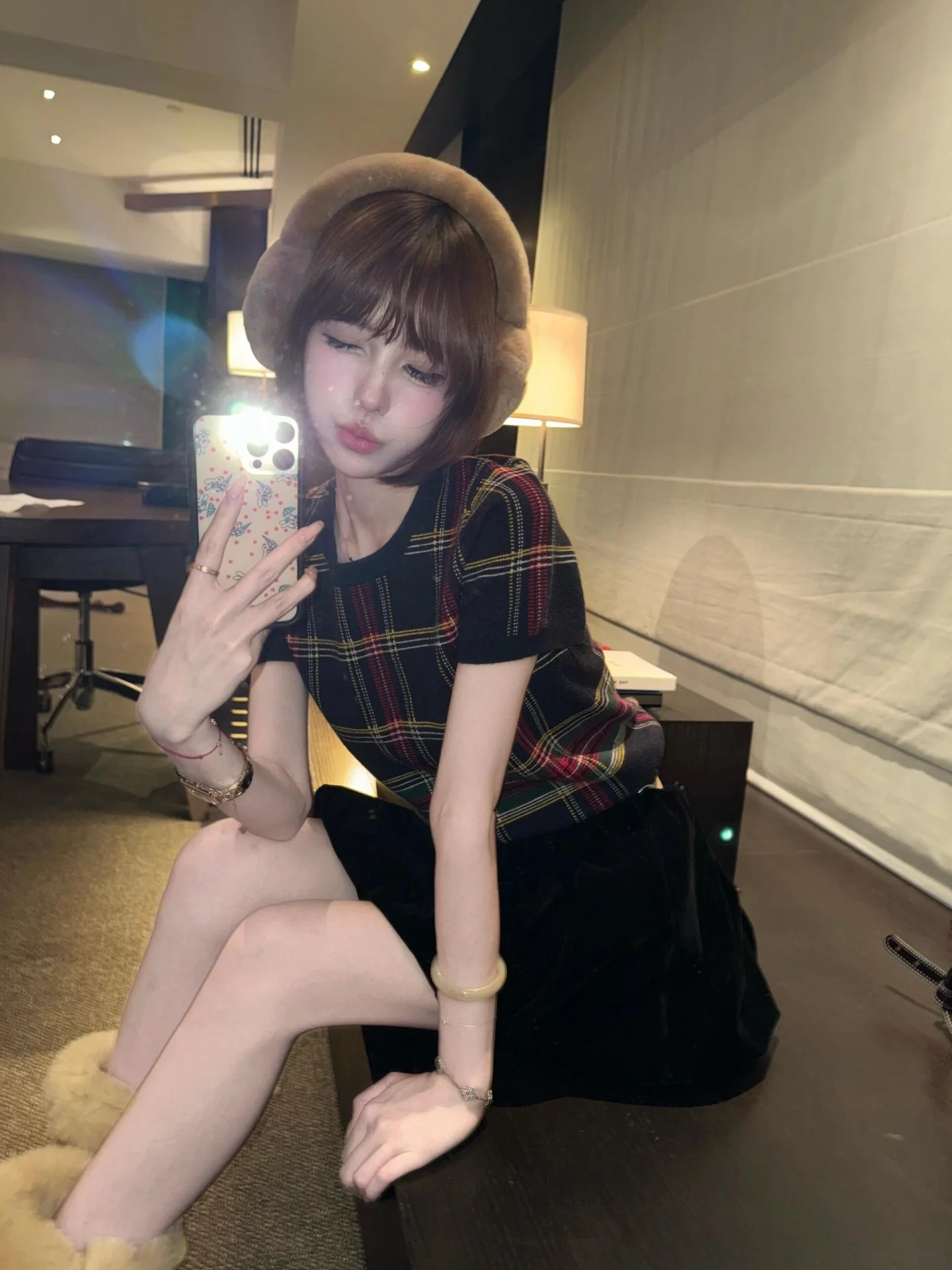 Small Size Korean Style Vintage Color Block Plaid Knitted Top And Skirt Set Women's Fashion Autumn Collection High Waist roun...