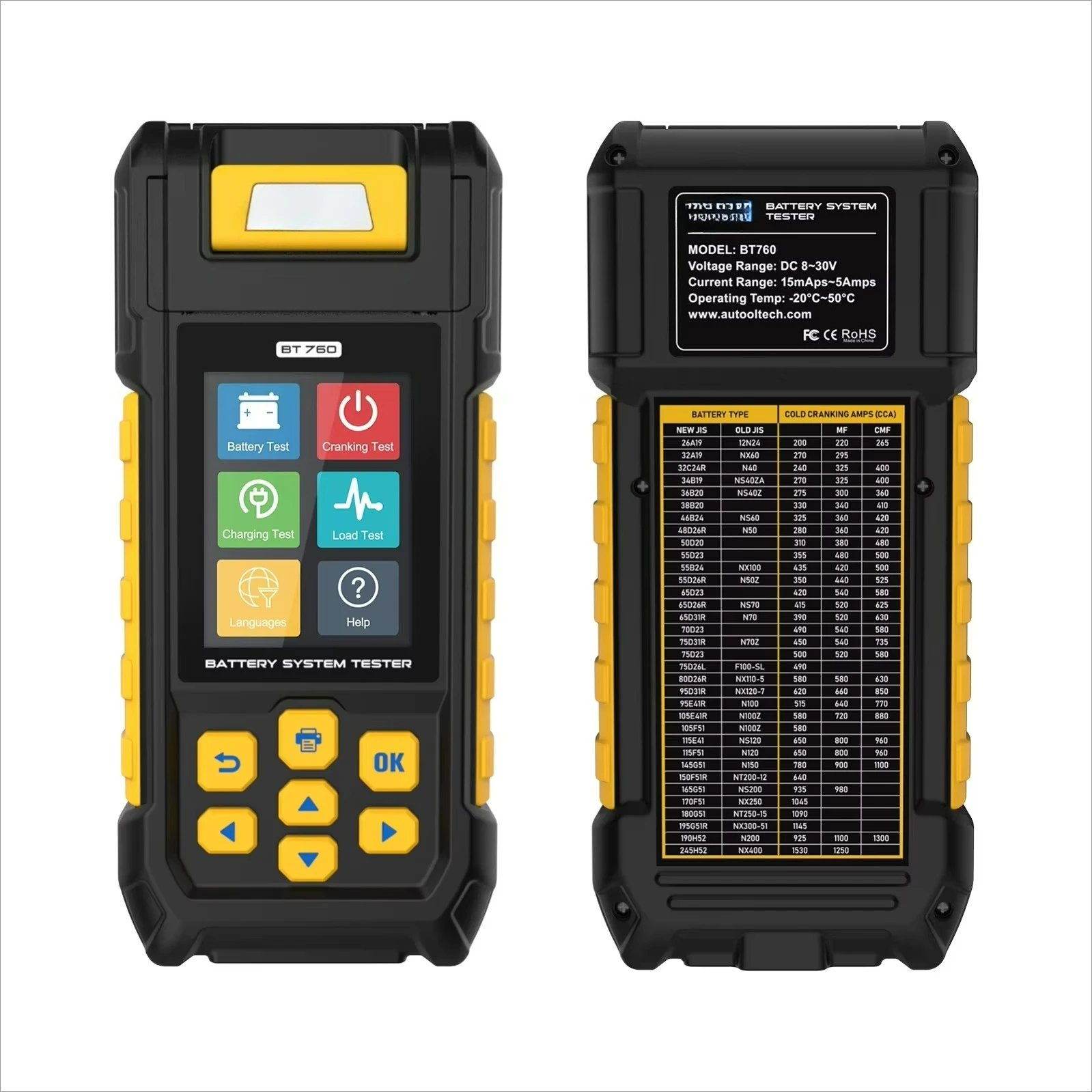 

BT760 Новое поступление 6-32 В тестер нагрузки автомобильного аккумулятора с принтером многоязычный тестер аккумулятора для мотоциклов