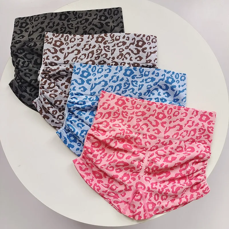 Exy Leopard Print Yoga Shorts, High Waist Ruched Butt Lifting 3-Point Sports Shorts for Running Summer