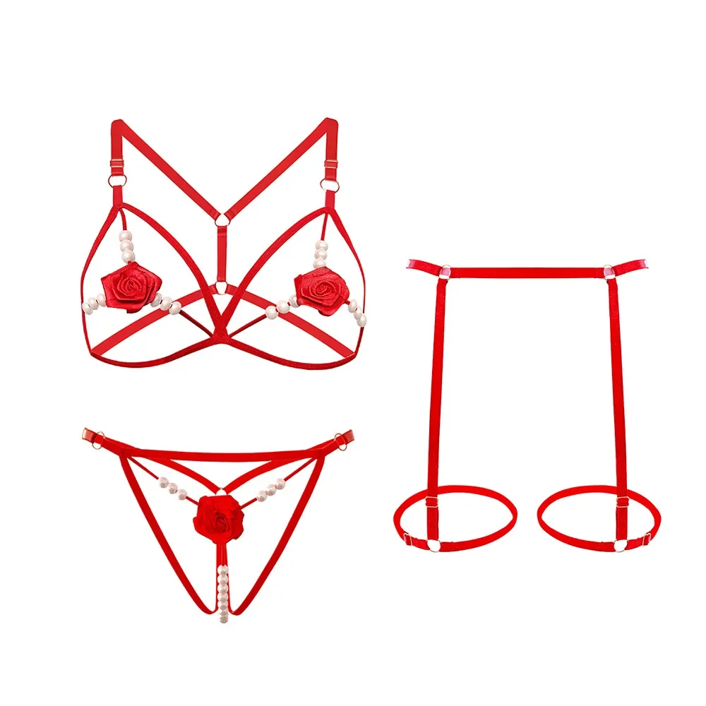 Nueva lencería Sexy para mujer, ropa de dormir abierta de Lolita, sujetador rosa perla, mono Sexy, pijama para mujer, conjunto de 3 uds, picardías para mujer, disfraz de sirvienta