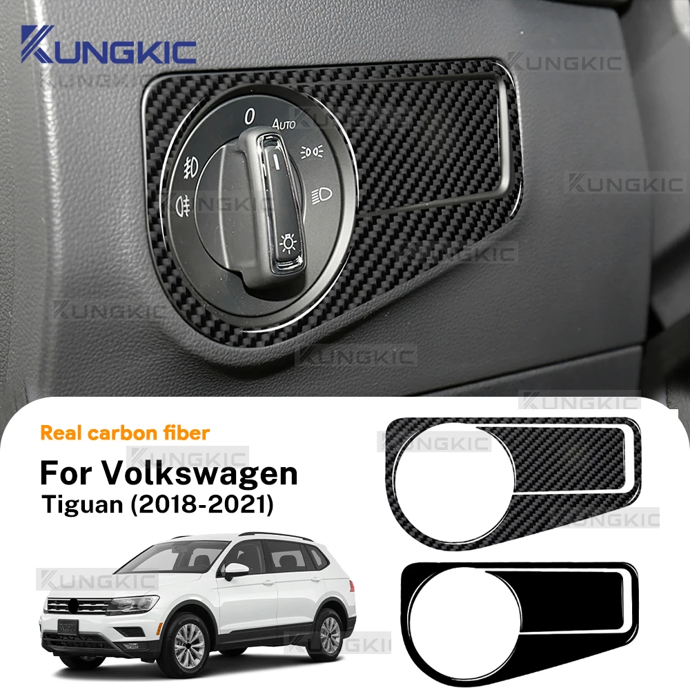

Для Volkswagen VW Tiguan AD1 mk2 2018 2019 2020 2021, настоящая мягкая глянцевая черная наклейка из углеродного волокна, рамка переключателя фар LHD RHD