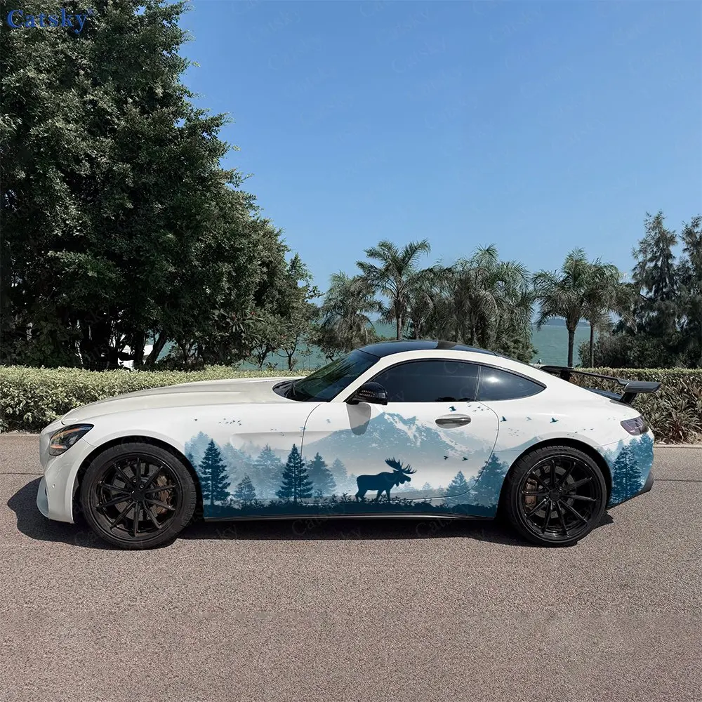 

2pcs Nordic Style Mountain Pine Forest Car Side Wraps, Self-Adhesive PVC Waterproof & Scratch-Resistant Stickers, Car Accessory