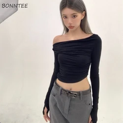 T-shirt a maniche lunghe donna autunno Slash Neck Sexy Slim-fit pieghettato Hot Girls All-match Off spalla dolce Backless Soft Solid