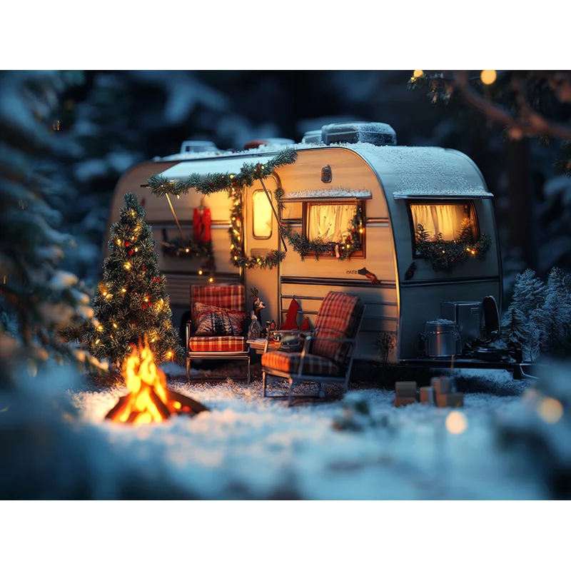 Cozy Camping Trailer Christmas Scene Photography Backdrop Props Winter Living Room New Year Holiday Photo Background RS-06