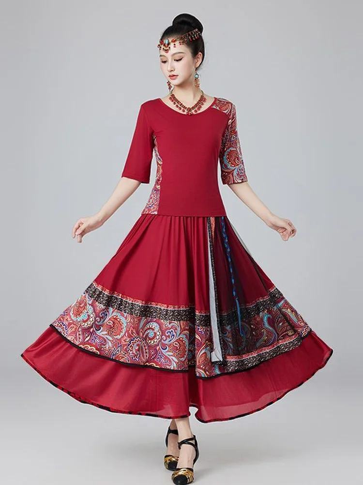 fashionable-retro-mid-sleeve-women's-dance-suit-set-square-performance-costume-milk-silk-fabric-floral-pattern-long-skirt