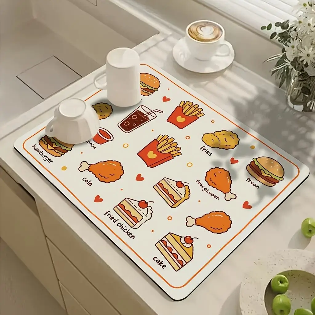 Dish Drying Mat Funny Fast Food Hamburger Fries Printed Cushion Super Absorbent BBQ Party Kitchen