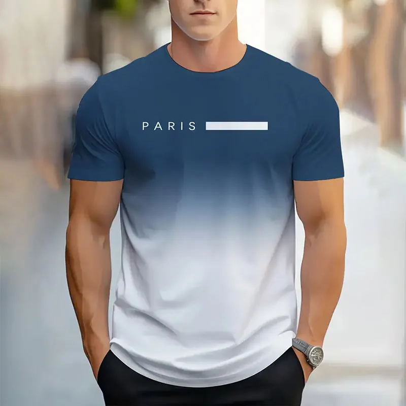 Summer New Men\'s T-shirt Fashion Simple Gradient Printing Short-sleeved Tops Men\'s Breathable Round Neck Short-sleeved Clothing