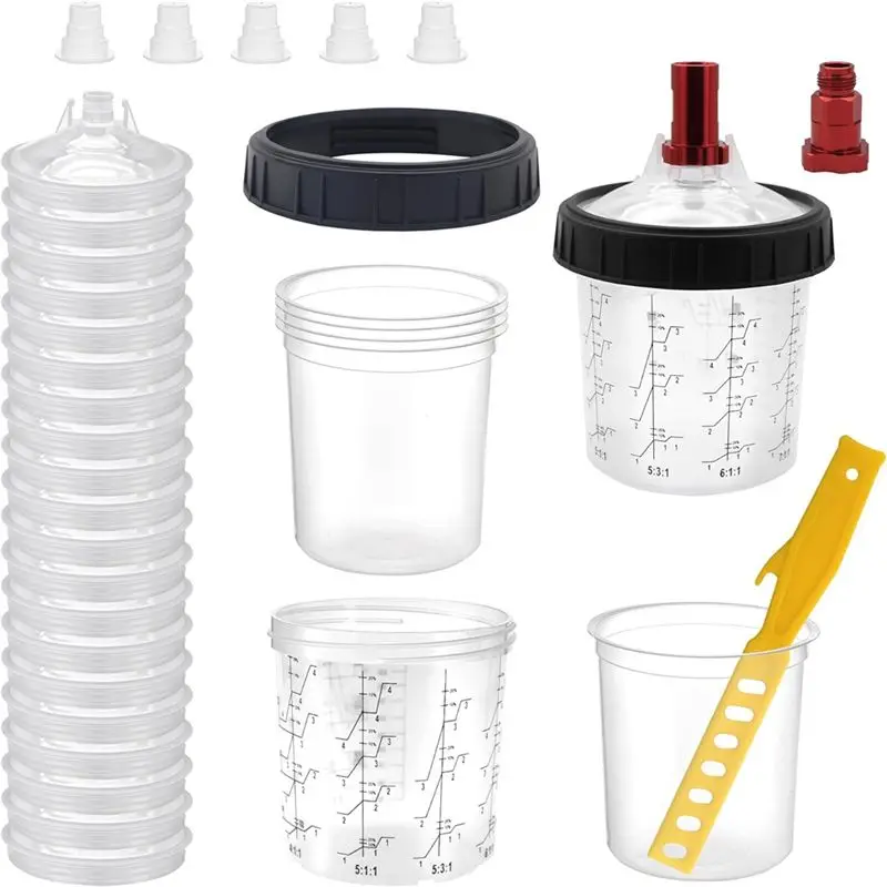 

A21I-Disposable Paint Mixing Cup System Kit - 20 Paint Cups With Lids, Hard Cups With Retaining Rings, 5 Plugs,2 Cup Adapters