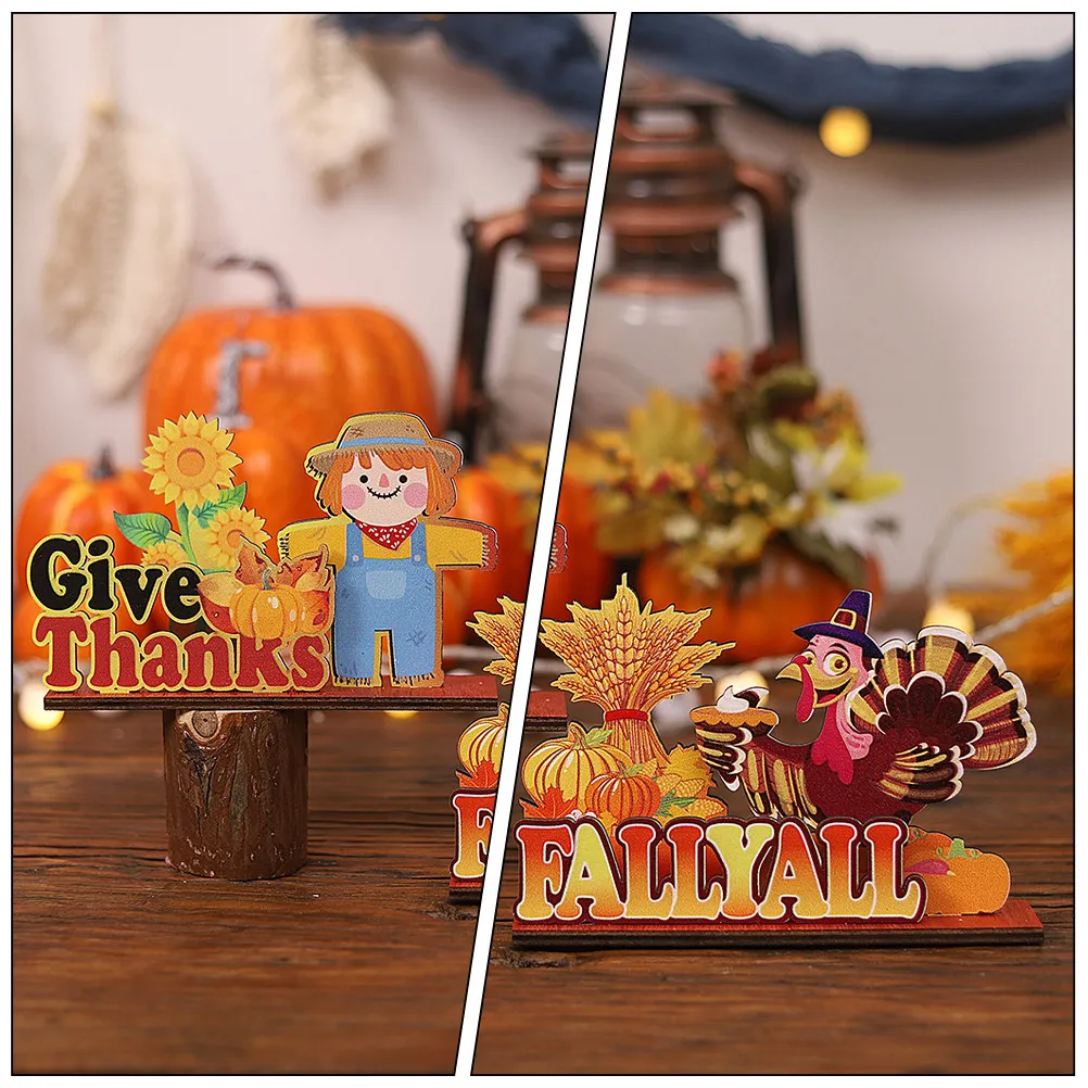 Wooden Fall Table Sign Decor Set – Thanksgiving Centerpiece with Gnome, Turkey & Scarecrow Rustic Tabletop Display