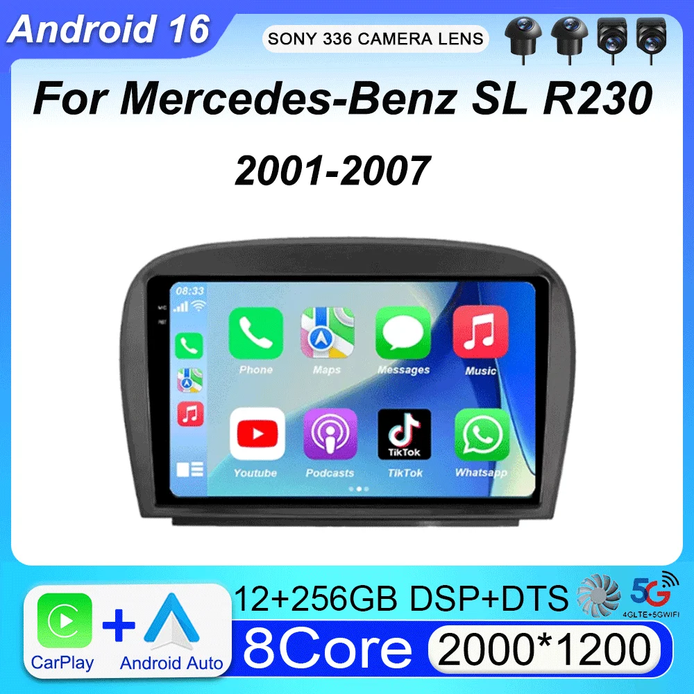 Android 16 Carplay BT For Mercedes-Benz SL R230 SL350 SL500 SL55 SL600 SL65 2001 2002 - 2007 Multimedia Car Radio Player WIFi+4G
