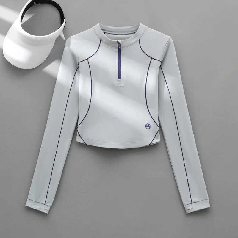 PHIGEER Women Half Zip Long Sleeve Yoga Top V-Neck Slim Fit Workout Shirt Thumb Hole Running Tights Athletic Gym Tee Fitness