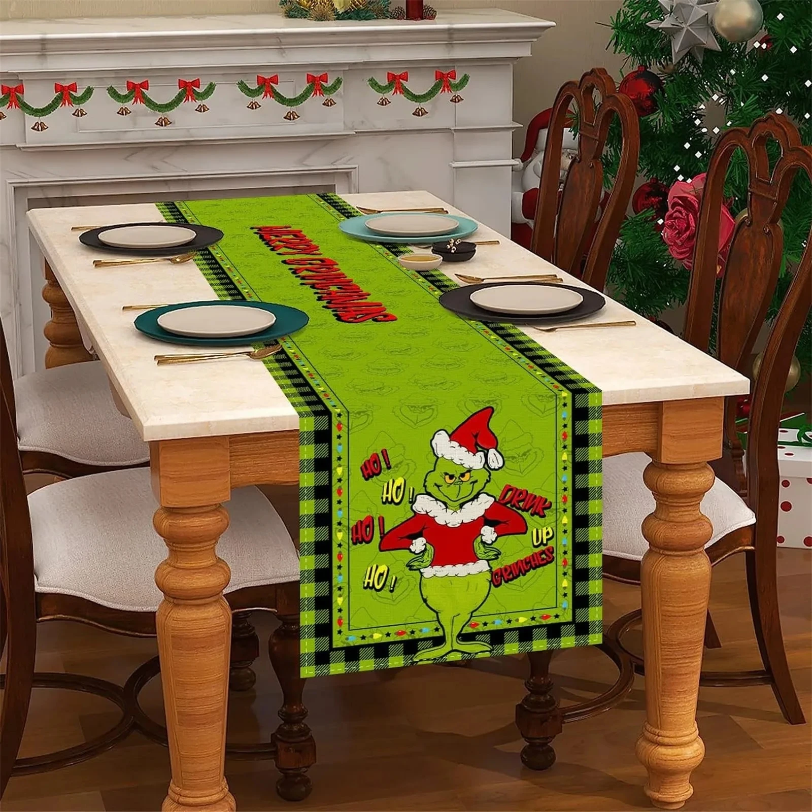 Linen Green Christmas Table Runner Merry Tablecloth Christmas Xmas Holiday Table Decorations 33*275cm