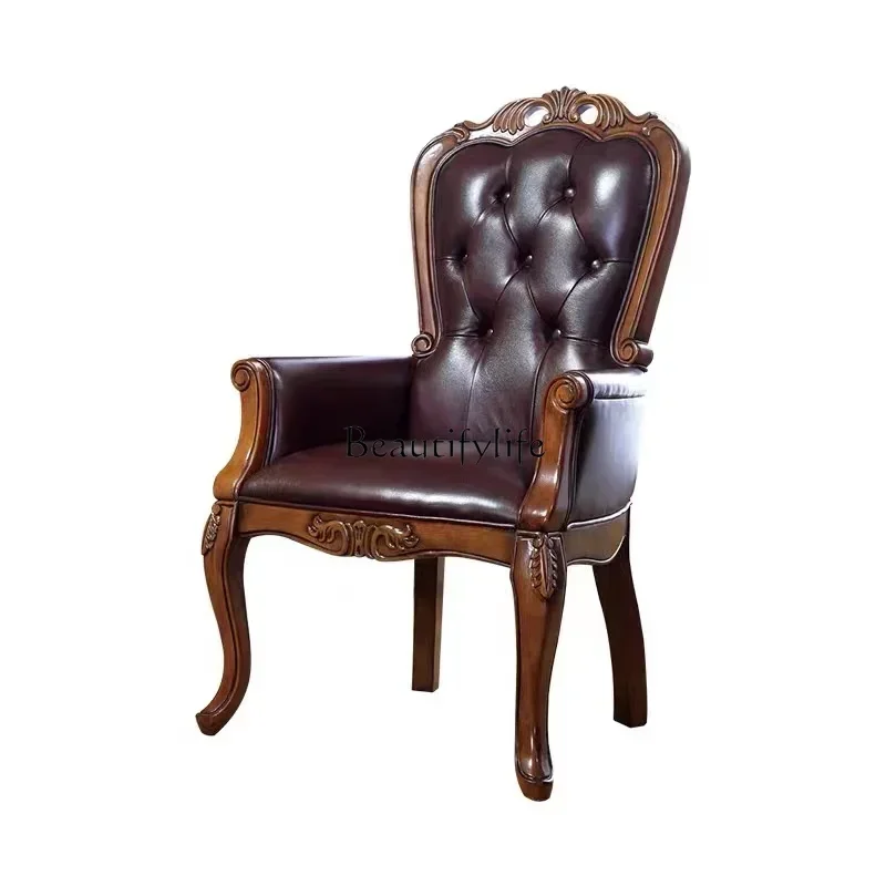 

z.LXAmerican solid wood leather casual dining chair backrest boss office engraved armchairSSS
