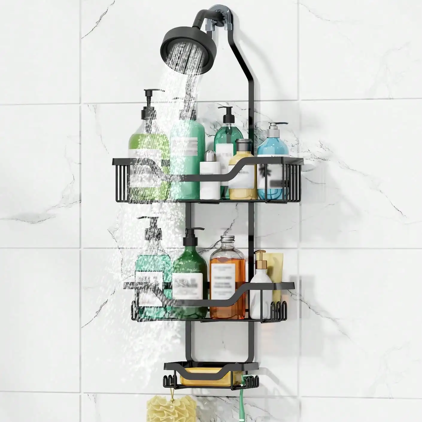 

3-Tier Black Hanging Shower Caddy: Rustproof, No-Drilling Organizer with Baskets & Hooks