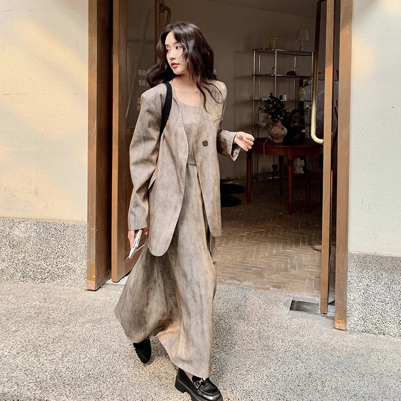 Tie dye Suit Dress Two-piece Set For Women Spring Korean Fashion Elegant Commuting V-neck Blazer Spaghetti Strap Dresses Sets