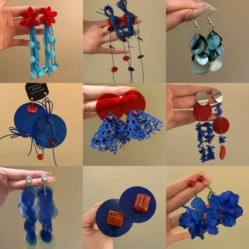 Bold Ethnic Style Blue Matte Petal Red Flower Beaded Tassel Dangle Earrings for Women Retro Bohemian Beach Outing Jewelry Gift
