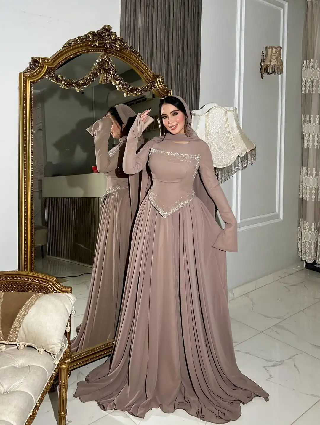 تصميم جديد يا الرقبة الديكور مشد أنيق كامل الأكمام ثنيات ألف خط أزياء ساحرة حفلة موسيقية اللباس الرسمي